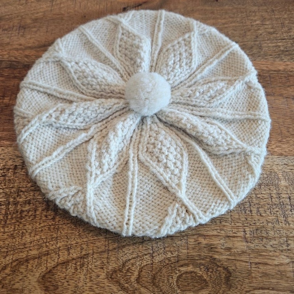 Handmade Cream Cable Knit Beret Pom Pom Hat Slouchy Beanie Off White